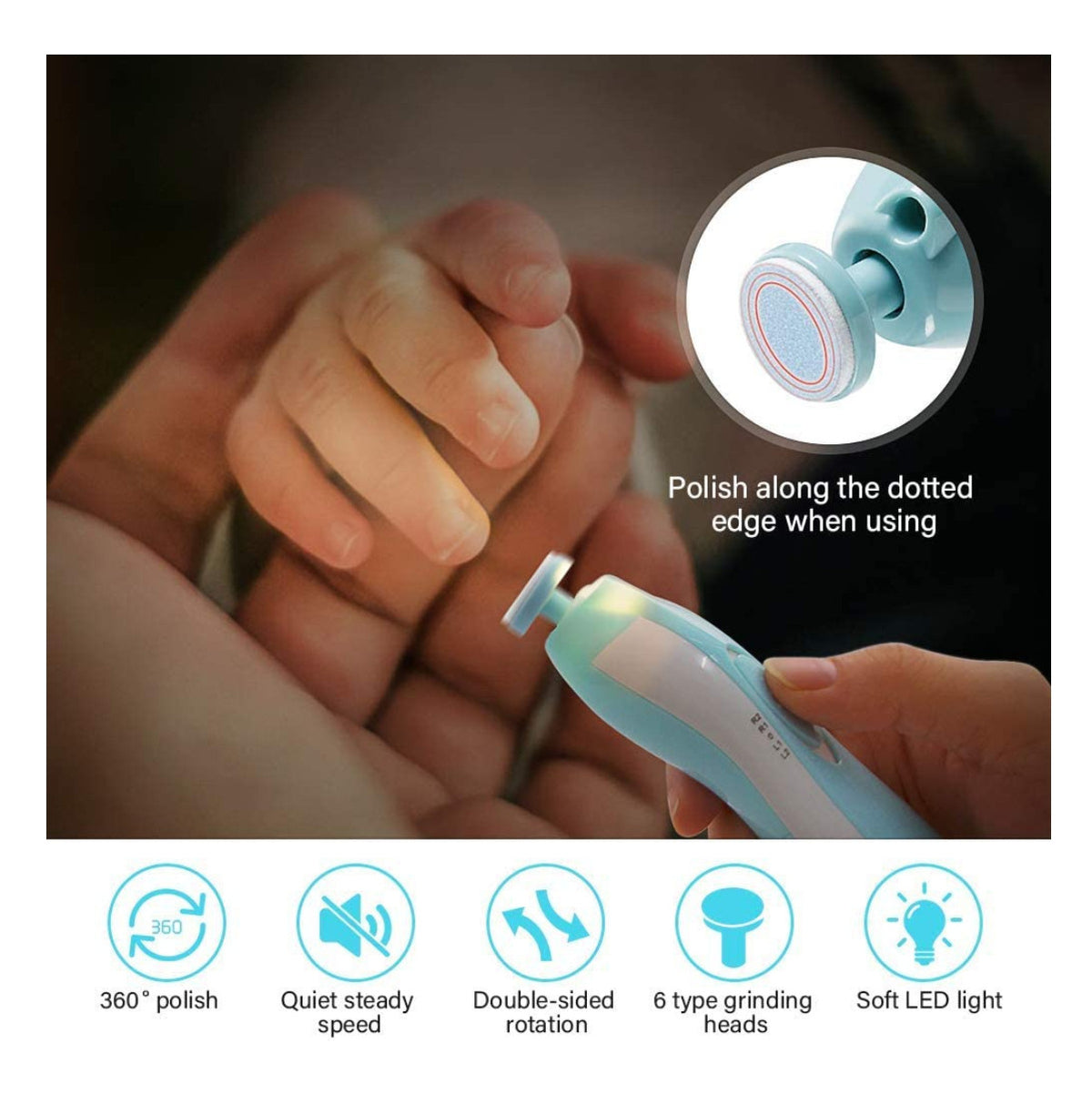 Lima Eléctrica de Uñas para Bebé con 6 Cabezales y Luz LED