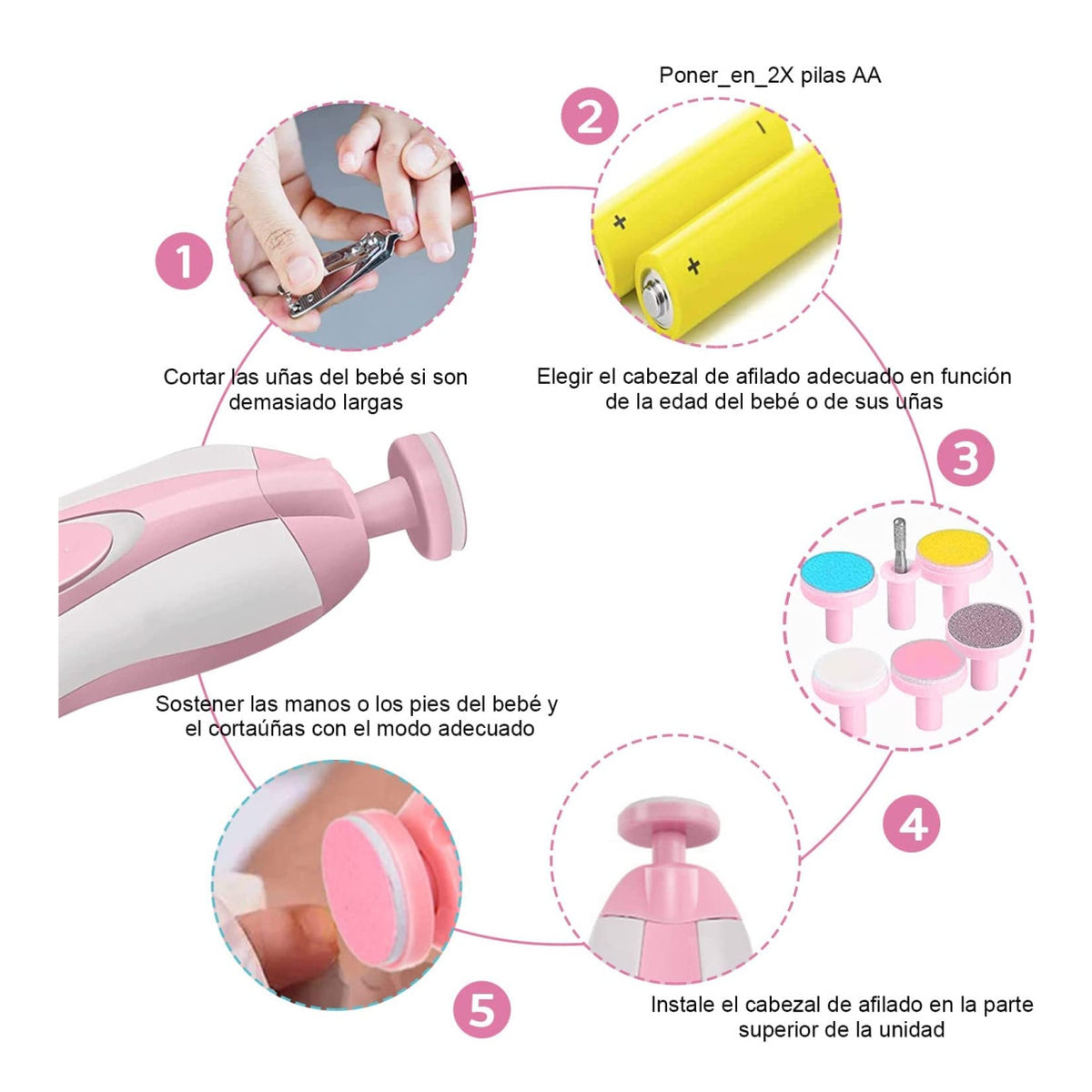 Lima Eléctrica de Uñas para Bebé con 6 Cabezales y Luz LED
